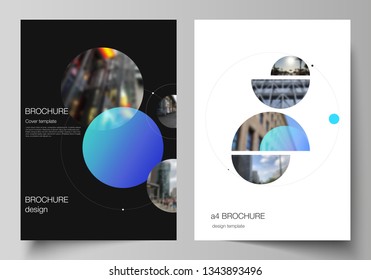 Vector layout of A4 format modern cover mockups design templates for brochure, flyer, booklet. Simple design futuristic concept. Creative background with circles that form planets and stars.
