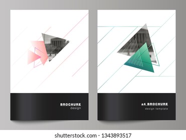 The vector layout of A4 format modern cover mockups design templates for brochure, magazine, flyer, booklet, annual report. Colorful polygonal background with triangles with modern memphis pattern.