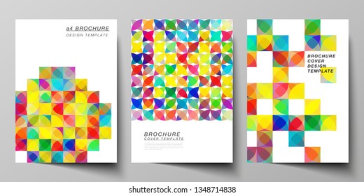 Vector layout of A4 format modern cover mockups design templates for brochure, magazine, flyer, booklet, report. Abstract background, geometric mosaic pattern with bright circles, geometric shapes.