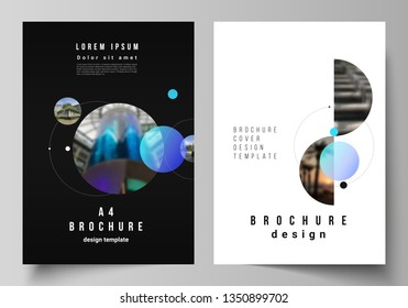 Vector layout of A4 format modern cover mockups design templates for brochure, flyer, booklet. Simple design futuristic concept. Creative background with circles that form planets and stars.