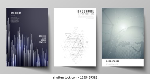 Vector layout of A4 format modern cover mockups design templates for brochure, magazine, flyer, booklet, annual report. Technology, science, future concept abstract futuristic backgrounds.