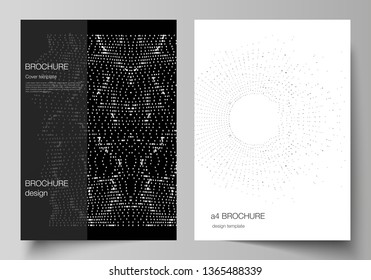 Vector layout of A4 format modern cover mockups design templates for brochure, magazine, flyer, booklet, report. Trendy modern science or technology background with dynamic particles. Cyberspace grid.