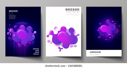 The vector layout of A4 format modern cover mockups design templates for brochure, magazine, flyer, booklet, annual report. Black background with fluid gradient, liquid blue colored geometric element
