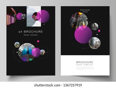Vector layout of A4 format modern cover mockups design templates for brochure, flyer, booklet, report. Simple design futuristic concept. Creative background with circles that form planets and stars.