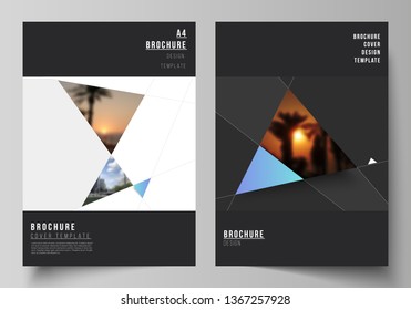 The vector layout of A4 format modern cover mockups design templates for brochure, magazine, flyer, booklet, report. Creative modern background with blue triangles and triangular shapes. Simple design