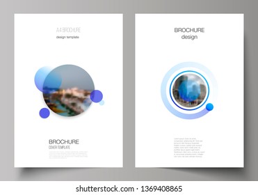 The Vector Layout Of A4 Format Modern Cover Mockups Design Templates For Brochure, Magazine, Flyer, Booklet, Annual Report. Creative Modern Blue Background With Circles And Round Shapes.