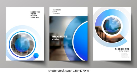 The vector layout of A4 format modern cover mockups design templates for brochure, magazine, flyer, booklet, annual report. Creative modern blue background with circles and round shapes.