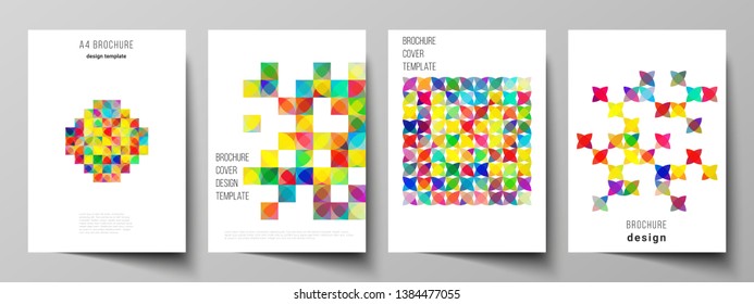 Vector layout of A4 format modern cover mockups design templates for brochure, magazine, flyer, booklet, report. Abstract background, geometric mosaic pattern with bright circles, geometric shapes.
