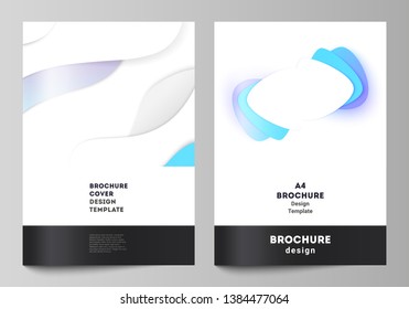 Vector layout of A4 format modern cover mockups design templates for brochure, magazine, flyer, booklet, annual report. Blue color gradient abstract dynamic shapes, colorful geometric template design.