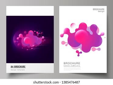 The vector layout of A4 format modern cover mockups design templates for brochure, magazine, flyer, booklet, annual report. Black background with fluid gradient, liquid pink colored geometric element