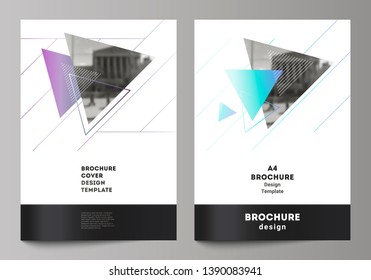 The vector layout of A4 format modern cover mockups design templates for brochure, magazine, flyer, booklet, annual report. Colorful polygonal background with triangles with modern memphis pattern.