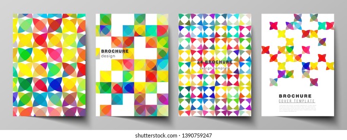 Vector layout of A4 format modern cover mockups design templates for brochure, magazine, flyer, booklet, report. Abstract background, geometric mosaic pattern with bright circles, geometric shapes.