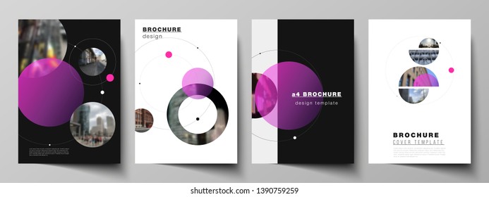 Vector layout of A4 format modern cover mockups design templates for brochure, flyer, booklet, report. Simple design futuristic concept. Creative background with circles that form planets and stars.