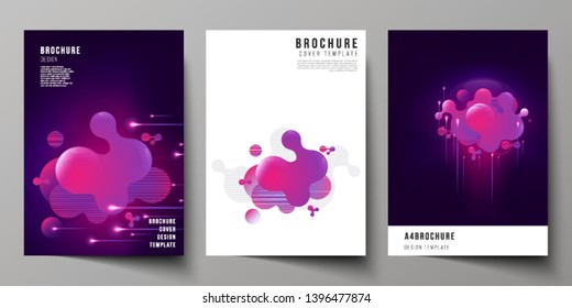 The vector layout of A4 format modern cover mockups design templates for brochure, magazine, flyer, booklet, annual report. Black background with fluid gradient, liquid pink colored geometric element.