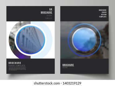The vector layout of A4 format modern cover mockups design templates for brochure, magazine, flyer, booklet, annual report. Creative modern blue background with circles and round shapes.