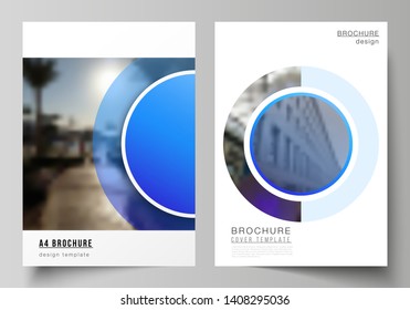 The vector layout of A4 format modern cover mockups design templates for brochure, magazine, flyer, booklet, annual report. Creative modern blue background with circles and round shapes.