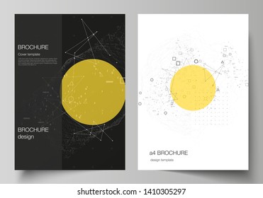 Diseño vectorial de las modernas maquetas de diseño de portadas en formato A4 para folletos, revistas, volantes, reportes. Fondo 3d de ciencia o tecnología con partículas dinámicas. Concepto de química y ciencia.