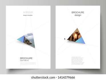 The vector layout of A4 format modern cover mockups design templates for brochure, magazine, flyer, booklet, report. Creative modern background with blue triangles and triangular shapes. Simple design