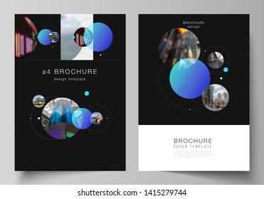 Vector layout of A4 format modern cover mockups design templates for brochure, flyer, booklet. Simple design futuristic concept. Creative background with circles that form planets and stars.