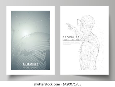 Vector layout of A4 format modern cover mockups design templates for brochure, magazine, flyer, booklet, annual report. Technology, science, future concept abstract futuristic backgrounds.
