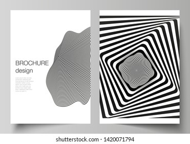 Vector layout of A4 format modern cover mockups design templates for brochure, magazine, flyer, booklet, report. Abstract 3D geometrical background with optical illusion black and white design pattern