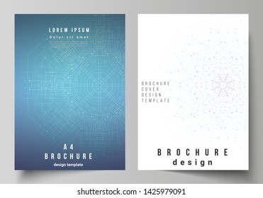Vector layout of A4 format modern cover mockup design templates for brochure, magazine, flyer, booklet, report. Big Data Visualization, geometric communication background with connected lines and dots