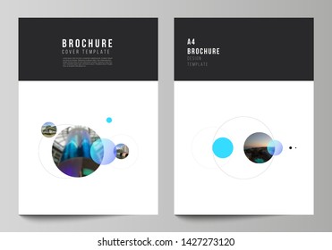 Vector layout of A4 format modern cover mockups design templates for brochure, flyer, booklet. Simple design futuristic concept. Creative background with circles that form planets and stars.