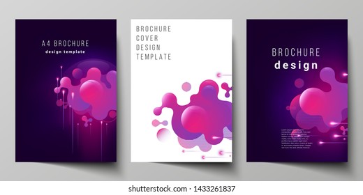 The vector layout of A4 format modern cover mockups design templates for brochure, magazine, flyer, booklet, annual report. Black background with fluid gradient, liquid pink colored geometric element.