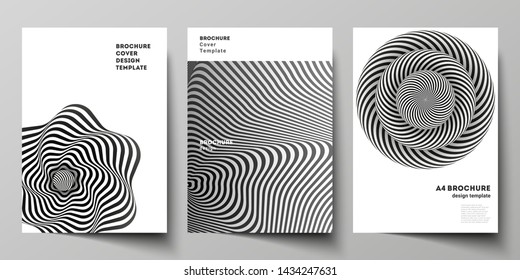 Vector layout of A4 format modern cover mockups design templates for brochure, magazine, flyer, booklet, report. Abstract 3D geometrical background with optical illusion black and white design pattern