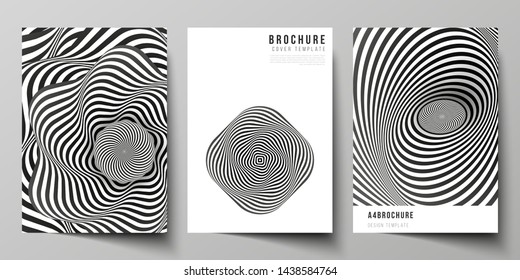 Vector layout of A4 format modern cover mockups design templates for brochure, magazine, flyer, booklet, report. Abstract 3D geometrical background with optical illusion black and white design pattern