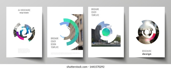 Vector layout of A4 format modern cover mockups design templates for brochure, magazine, flyer, booklet, report. Futuristic design circular pattern, circle elements forming geometric frame for photo.