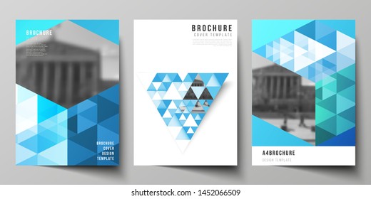 The vector layout of A4 format modern cover mockups design templates for brochure, magazine, flyer, booklet, annual report. Blue color polygonal background with triangles, colorful mosaic pattern.