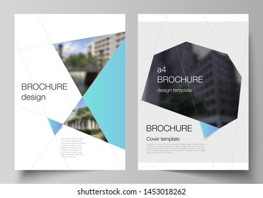 The vector layout of A4 format modern cover mockups design templates for brochure, magazine, flyer, booklet, report. Creative modern background with blue triangles and triangular shapes. Simple design