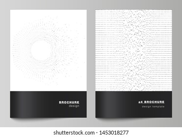 The vector layout of A4 format modern cover mockups design templates for brochure, magazine, flyer, booklet. Trendy modern science or technology background with dynamic particles. Cyberspace grid.
