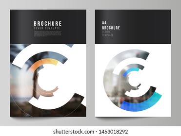 The vector layout of A4 format modern cover mockups design templates for brochure, magazine, flyer, report. Futuristic design circular pattern, circle elements forming geometric frame for photo.