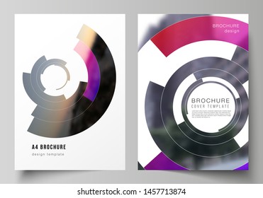 Vector layout of A4 format modern cover mockups design templates for brochure, magazine, flyer, booklet, report. Futuristic design circular pattern, circle elements forming geometric frame for photo.