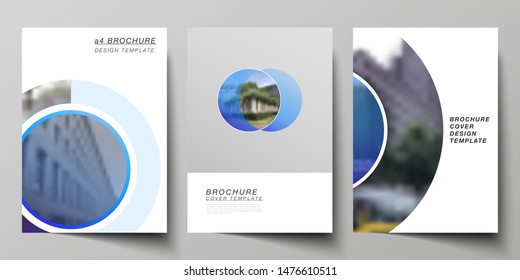 The vector layout of A4 format modern cover mockups design templates for brochure, magazine, flyer, booklet, annual report. Creative modern blue background with circles and round shapes.