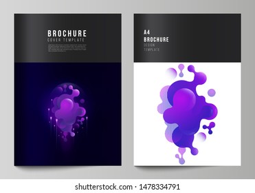 The vector layout of A4 format modern cover mockups design templates for brochure, magazine, flyer, booklet, annual report. Black background with fluid gradient, liquid blue colored geometric element.