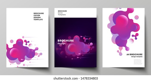 The vector layout of A4 format modern cover mockups design templates for brochure, magazine, flyer, booklet, annual report. Black background with fluid gradient, liquid pink colored geometric element.