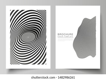 Vector layout of A4 format modern cover mockups design templates for brochure, magazine, flyer, booklet, report. Abstract 3D geometrical background with optical illusion black and white design pattern