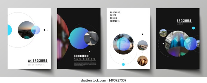 Vector layout of A4 format modern cover mockups design templates for brochure, flyer, booklet. Simple design futuristic concept. Creative background with circles that form planets and stars.