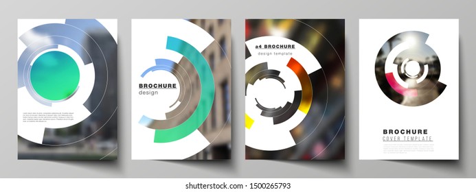 The vector layout of A4 format modern cover mockups design templates for brochure, magazine, flyer, report. Futuristic design circular pattern, circle elements forming geometric frame for photo.