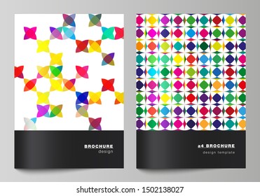 Vector layout of A4 format modern cover mockups design templates for brochure, magazine, flyer, booklet, report. Abstract background, geometric mosaic pattern with bright circles, geometric shapes.