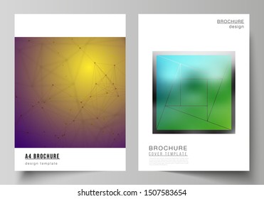 Vector layout of A4 format modern cover mockups design templates for brochure, magazine, flyer, booklet, report. 3d polygonal geometric modern design abstract background. Science or technology vector.