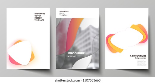 Vector layout of A4 format modern cover mockups design templates for brochure, magazine, flyer, booklet, report. Yellow color gradient abstract dynamic shapes, colorful geometric template design.