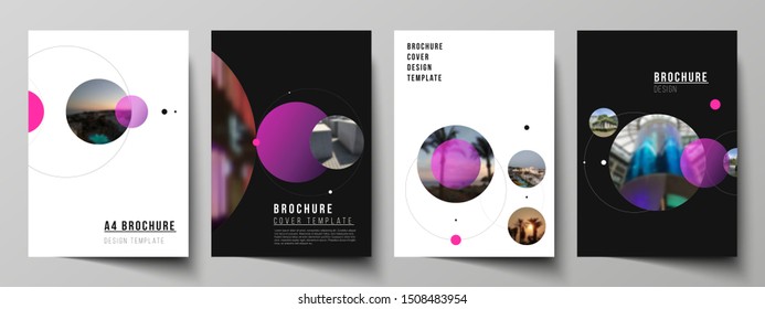 Vector layout of A4 format modern cover mockups design templates for brochure, flyer, booklet, report. Simple design futuristic concept. Creative background with circles that form planets and stars.