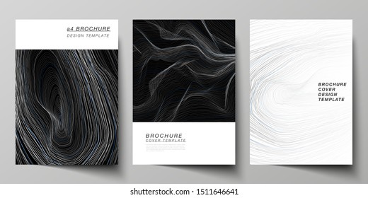 The vector layout of A4 format modern cover mockups design templates for brochure, magazine, flyer, booklet, annual report. Smooth smoke wave, hi-tech concept black color techno background.