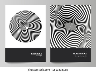Vector layout of A4 format modern cover mockups design templates for brochure, magazine, flyer, booklet, report. Abstract 3D geometrical background with optical illusion black and white design pattern