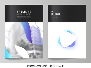 Vector layout of A4 format modern cover mockups design templates for brochure, magazine, flyer, booklet, annual report. Blue color gradient abstract dynamic shapes, colorful geometric template design.
