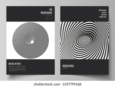 Vector layout of A4 format modern cover mockups design templates for brochure, magazine, flyer, booklet, report. Abstract 3D geometrical background with optical illusion black and white design pattern
